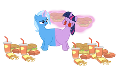 Size: 3253x1853 | Tagged: source needed, useless source url, safe, artist:theunknowenone1, trixie, twilight sparkle, pony, unicorn, g4, burger, conjoined, eating, fat, feeding, feeding ponies, female, food, fusion, happy, hay burger, lesbian, magic, mare, mcdonald's, multiple heads, puffy cheeks, pushmi-pullyu, ship:twixie, shipping, simple background, the great and bountiful trixie, twilard sparkle, twilight burgkle, twixie (fusion), two heads, we have become one, weight gain, white background