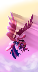 Size: 1600x2987 | Tagged: safe, artist:lilfunkman, artist:sourspot, twilight sparkle, alicorn, pony, g4, backbend, cloud, collaboration, female, flying, large wings, looking at you, mare, smiling, solo, twilight sparkle (alicorn), wings