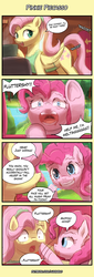 Size: 400x1180 | Tagged: safe, artist:lumineko, fluttershy, pinkie pie, earth pony, pegasus, pony, 4koma, alternate hairstyle, apron, clothes, comic, cute, diapinkes, duo, female, fluttershy's cottage, looking back, mare, open mouth, prank, prank fail, prank gone wrong, pruny, scared, shocked, traumatized, underhoof