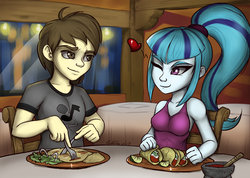 Size: 2350x1676 | Tagged: safe, artist:gabbslines, sonata dusk, oc, oc:silent mic, equestria girls, g4, my little pony equestria girls: rainbow rocks, breasts, canon x oc, clothes, commission, date, dinner, female, food, heart, looking at each other, male, one eye closed, silenata, smiling, straight, table, wink