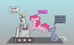 Size: 1284x780 | Tagged: safe, artist:planetkiller, limestone pie, pinkie pie, earth pony, pony, g4, adventure time, angry, crossover, dock, eyes closed, gradient background, happy, holding a pony, male, neptr, sitting, smiling, text, this will end in tears