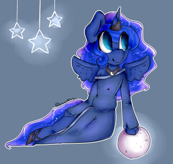 Size: 1217x1152 | Tagged: safe, artist:yunieelloa, princess luna, alicorn, anthro, unguligrade anthro, g4, clothes, dress, female, gradient background, jewelry, mare, moon, regalia, solo, stars, tangible heavenly object