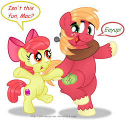 Size: 1024x1000 | Tagged: safe, artist:aleximusprime, apple bloom, big macintosh, earth pony, pony, g4, bipedal, brother and sister, commission, cutie mark, dancing, duo, female, filly, male, open mouth, simple background, smiling, speech bubble, stallion, the cmc's cutie marks, transparent background