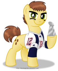 Size: 2084x2530 | Tagged: safe, artist:aleximusprime, pony, american football, clothes, commission, high res, looking at you, male, new england patriots, nfl, ponified, simple background, smiling, solo, stallion, super bowl, tom brady, transparent background, trophy, vince lombardi trophy