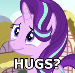 Size: 761x736 | Tagged: safe, edit, edited screencap, screencap, starlight glimmer, pony, unicorn, all bottled up, g4, blue eyes, bronybait, cropped, cute, cutie mark, female, glimmerbetes, hair flip, hair over one eye, horn, hug, hug request, ponyville, question, smiling, solo, text