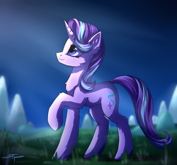 Size: 1920x1792 | Tagged: safe, artist:setharu, starlight glimmer, pony, unicorn, g4, cute, female, glimmerbetes, grass, looking up, mare, moonlight, night, raised hoof, smiling, solo
