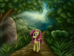 Size: 5000x3800 | Tagged: safe, artist:pony-stark, fluttershy, pegasus, pony, g4, absurd resolution, crepuscular rays, female, forest, solo, statue