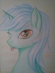Size: 3264x4352 | Tagged: safe, artist:pony-stark, lyra heartstrings, pony, unicorn, g4, bust, female, high res, looking at you, one eye closed, portrait, smiling, solo, tongue out, traditional art, wink