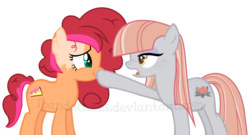 Size: 1024x553 | Tagged: safe, artist:ipandacakes, oc, oc only, oc:chimi cherry cheesecake, oc:emery rose quartz, earth pony, pony, female, mare, offspring, parent:cheese sandwich, parent:maud pie, parent:pinkie pie, parent:svengallop, parents:cheesepie, scrunchy face, simple background, transparent background, watermark