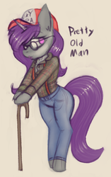 Size: 583x926 | Tagged: safe, artist:marsminer, oc, oc only, oc:wicked silly, pony, unicorn, baseball cap, bipedal, cane, cap, clothes, crossdressing, female, glasses, hat, jeans, mare, pants, plaid shirt, solo, suspenders