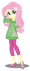 Size: 917x2144 | Tagged: safe, artist:trungtranhaitrung, fluttershy, equestria girls, g4, arm behind back, capri pants, clothes, cute, dress, female, new outfit, pants, shoes, show accurate, simple background, smiling, solo, sweater, sweater dress, transparent background, vector