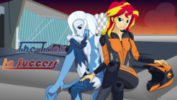 Size: 3000x1688 | Tagged: safe, artist:hakunohamikage, sunset shimmer, trixie, human, fanfic:the trick to success, equestria girls, g4, card, clothes, crossed legs, duo, fanfic, fanfic art, fanfic cover, grin, helmet, high heels, jumpsuit, looking at you, racing suit, sitting, smiling