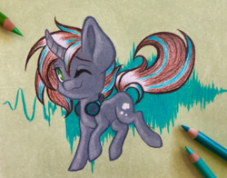 Size: 3335x2614 | Tagged: safe, artist:emberslament, oc, oc only, oc:thinker, pony, unicorn, chibi, colored pencils, curved horn, high res, horn, male, pencil, photo, solo, stallion, traditional art