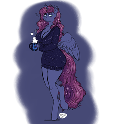 Size: 1800x1800 | Tagged: safe, artist:kevinsano edits, edit, princess luna, alicorn, anthro, unguligrade anthro, g4, cleavage, clothes, coffee, commission, female, looking at you, mare, morning ponies, mug, sleepy, solo, sweater, tired