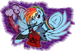 Size: 3868x2632 | Tagged: safe, artist:stormblaze-pegasus, rainbow dash, pegasus, pony, g4, alternate hairstyle, clothes, ear piercing, female, high res, jacket, mare, multicolored hair, piercing, punk, shirt, smiling, solo, underhoof