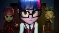 Size: 3840x2160 | Tagged: safe, artist:jollyoldcinema, sci-twi, twilight sparkle, equestria girls, g4, my little pony equestria girls: friendship games, 3d, bowtie, bracelet, bully, bullying, clothes, crystal prep academy uniform, ear piercing, earring, glasses, goggles, high res, jewelry, necktie, piercing, sad, school uniform