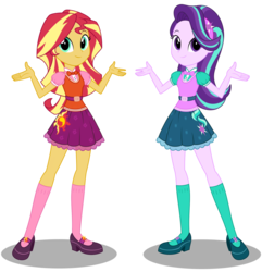 Size: 2304x2391 | Tagged: safe, artist:broncat, starlight glimmer, sunset shimmer, equestria girls, g4, bowtie, clothes, clothes swap, cute, headband, high res, legs, looking at you, mary janes, new outfit, sci-twi outfits, shoes, simple background, skirt, smiling, socks, sun, transparent background, wrong eye color