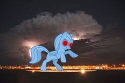 Size: 1024x683 | Tagged: artist needed, source needed, safe, pony, blucifer, colorado, demonic, demonic eyes, denver, glowing, glowing eyes, irl, photo, ponies in real life, ponified, rearing, red eyes, solo, statue, thunderstorm