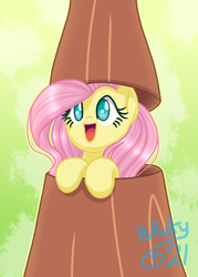 Size: 500x700 | Tagged: safe, artist:azura-arts, fluttershy, pony, g4, cute, disguise, female, fluttershy day, fluttertree, open mouth, shyabetes, smiling, solo, tree, tree costume