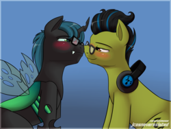Size: 4000x3000 | Tagged: safe, artist:jcosneverexisted, oc, oc only, oc:dream rotsen, oc:stratamax, changeling, earth pony, pony, boop, changeling oc, fangs, gay, glasses, gradient background, headphones, looking at each other, male, noseboop, nuzzling, oc x oc, patreon reward, shipping, smiling, stallion