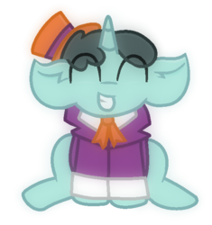 Size: 540x575 | Tagged: safe, artist:thefanficfanpony, claude, pony, unicorn, g4, cute, grin, male, roald dahl, simple background, sitting, smiling, solo, stallion, transparent background, willy wonka, willy wonka and the chocolate factory