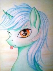 Size: 3264x4352 | Tagged: safe, artist:pony-stark, edit, lyra heartstrings, pony, unicorn, g4, bust, female, high res, looking at you, one eye closed, portrait, smiling, solo, tongue out, traditional art, wink