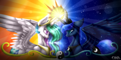 Size: 5000x2500 | Tagged: safe, artist:lunamlphun, princess celestia, princess luna, alicorn, pony, g4, crepuscular rays, crossed horns, high res, horn, horns are touching, looking at each other, moon, royal sisters, smiling, spread wings, stars, sun, yin-yang