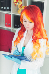 Size: 1067x1600 | Tagged: safe, artist:sunny-tooi, sunset shimmer, human, equestria girls, g4, clipboard, clothes, cosplay, costume, gloves, irl, irl human, lab coat, latex gloves, photo, plushie, rubber gloves, solo, sunset the science gal