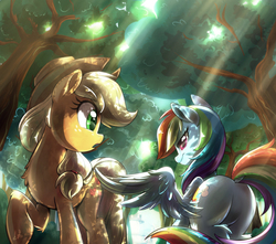 Size: 2830x2500 | Tagged: safe, artist:light262, applejack, rainbow dash, earth pony, pegasus, pony, g4, backlighting, butt, butt touch, chest fluff, commission, complex background, cowboy hat, crepuscular rays, dock, duo, feathermarking, featureless crotch, female, forest, freckles, hat, high res, lesbian, lighting, looking back, mare, never doubt tchernobog's involvement, open mouth, plot, rainbutt dash, raised hoof, shading, shadow, ship:appledash, shipping, smiling, standing, stetson, town hall, tree