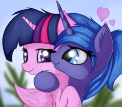 Size: 1000x882 | Tagged: safe, artist:twiren, princess luna, twilight sparkle, alicorn, pony, g4, cute, female, lesbian, looking at each other, mare, mare on mare, ponytail, ship:twiluna, shipping, twilight sparkle (alicorn)