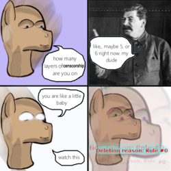 Size: 500x500 | Tagged: safe, artist:meme mare, pony, derpibooru, censorship, chromatic aberration, comic, hilarious in hindsight, josef stalin, meme, meme man, meta, op is a duck, op is trying to start shit, succ