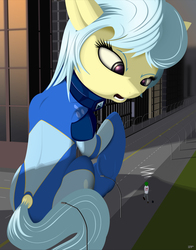 Size: 2450x3122 | Tagged: safe, artist:styroponyworks, oc, oc only, oc:anon, oc:ultramare, earth pony, pony, 3d, blender, building, camera, city, earth pony oc, female, giant pony, high res, macro, mare, mixed media, raised hoof, sitting, skintight clothes, solo, tail, tail hole, underhoof