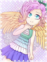 Size: 3604x4759 | Tagged: dead source, safe, artist:quintchess, fluttershy, human, g4, absurd resolution, clothes, colored pupils, dress, female, humanized, looking at you, no more ponies at source, solo, winged humanization, wings
