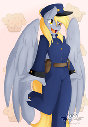 Size: 1024x1479 | Tagged: safe, artist:lionbun, derpy hooves, pegasus, anthro, unguligrade anthro, g4, belt, clothes, female, food, happy, hat, leg fluff, mailmare, muffin, open mouth, raised leg, smiling, solo, uniform