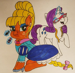 Size: 707x685 | Tagged: safe, artist:iffoundreturntorarity, applejack, rarity, pony, g4, applejack also dresses in style, duo, duo female, female, glasses, makeover, makeup, rarity's glasses, traditional art