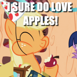 Size: 482x478 | Tagged: safe, edit, edited screencap, screencap, applejack, earth pony, pony, g4, secret of my excess, apple, cropped, cute, eating, female, food, hat, image macro, jackabetes, meme, party hat, solo, that pony sure does love apples