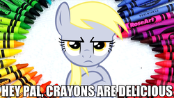 Size: 2560x1440 | Tagged: safe, derpy hooves, pegasus, pony, totally legit recap, g4, crayon, female, image macro, looking at you, mare, meme, pouting, solo, underp