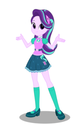 Size: 2300x3455 | Tagged: safe, artist:broncat, starlight glimmer, equestria girls, g4, bowtie, clothes, clothes swap, cute, female, headband, high res, looking at you, mary janes, new outfit, sci-twi outfits, shoes, simple background, skirt, smiling, socks, solo, transparent background