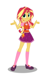 Size: 2300x3455 | Tagged: safe, artist:broncat, sunset shimmer, equestria girls, g4, bowtie, clothes, clothes swap, cute, female, high res, looking at you, mary janes, new outfit, sci-twi outfits, shoes, simple background, skirt, smiling, socks, solo, sun, transparent background