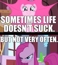 Size: 1280x1428 | Tagged: safe, pinkie pie, earth pony, pony, g4, angry, cynical, happy, image macro, meme, out of character, pinkamena diane pie