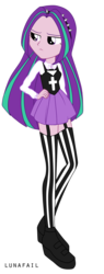 Size: 572x1500 | Tagged: safe, artist:myumlamy, aria blaze, equestria girls, g4, alternate hairstyle, clothes, cross, female, frown, garter belt, garters, hairband, hand on hip, loose hair, microskirt, miniskirt, pastel goth, platform shoes, pleated skirt, shoes, simple background, skirt, socks, solo, spikes, standing, stockings, stripes, thigh highs, thigh socks, transparent background