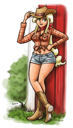 Size: 733x1280 | Tagged: safe, artist:king-kakapo, applejack, human, g4, belly button, body freckles, boots, clothes, cowboy hat, daisy dukes, female, freckles, front knot midriff, hat, hat tip, humanized, midriff, plaid, scarf, shirt, shorts, solo, stetson