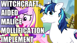 Size: 2560x1440 | Tagged: safe, artist:dwk, edit, edited screencap, screencap, princess cadance, shining armor, whammy, totally legit recap, a flurry of emotions, g4, acrostic, fun with acronyms, image macro, meme, text, whammiy, witchcraft