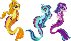 Size: 3011x1754 | Tagged: safe, artist:starryoak, adagio dazzle, aria blaze, sonata dusk, siren, equestria girls, g4, alternate design, angry, antennae, curly mane, curly tail, eyelashes, fangs, fins, full body, gem, grin, gritted teeth, happy, hooves, long mane, looking at something, looking at you, redesign, scales, sharp teeth, simple background, smiling, teeth, the dazzlings, transparent background, trio, waving