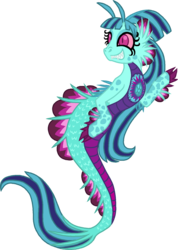 Size: 1143x1608 | Tagged: safe, artist:starryoak, sonata dusk, siren, g4, alternate design, antennae, eyelashes, fangs, female, fins, full body, gem, grin, happy, looking at something, redesign, scales, sharp teeth, simple background, smiling, solo, transparent background