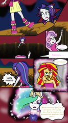 Size: 2642x4745 | Tagged: safe, artist:deannaphantom13, princess celestia, rarity, sunset shimmer, sweetie belle, alicorn, human, pony, comic:equestrian city, equestria girls, g4, my little pony equestria girls: rainbow rocks, boots, clothes, comic, dialogue, disappointed, equestrian city, falling, female, high res, mare, ponied up, shoes