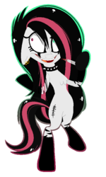 Size: 506x843 | Tagged: safe, artist:niightlydark, oc, oc only, oc:emala jiss, aside glance, blood, bloody knife, chest fluff, choker, crazy face, cutie mark, ear piercing, earring, eyelashes, eyeliner, faic, floppy ears, full body, goth, heterochromia, holding, insanity, jewelry, knife, makeup, outline, piercing, psycho, red and black oc, shiny, shrunken pupils, simple background, solo, spiked choker, standing, standing on one leg, stitches, transparent background
