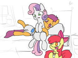 Size: 800x600 | Tagged: safe, artist:edrian, artist:speedflame, color edit, derpibooru exclusive, edit, apple bloom, scootaloo, sweetie belle, pony, unicorn, g4, bottle, colored, cutie mark crusaders, diaper, diaper fetish, female, fetish, filly, foal, mouth hold, non-baby in diaper, pacifier, poofy diaper