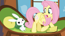 Size: 1920x1080 | Tagged: safe, screencap, angel bunny, fluttershy, pony, g4, the hooffields and mccolts, book, booty call, couch, glowing cutie mark, looking back, open mouth, unamused, window