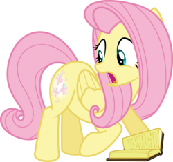 Size: 6808x6400 | Tagged: safe, artist:parclytaxel, fluttershy, pegasus, pony, g4, the hooffields and mccolts, .svg available, absurd resolution, book, booty call, female, glowing cutie mark, looking back, mare, open mouth, simple background, solo, surprised, transparent background, vector